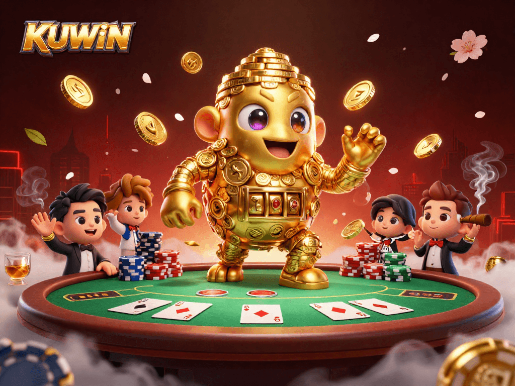 Experience the thrill of KUWIN with a golden golem amidst poker chips and light effects.