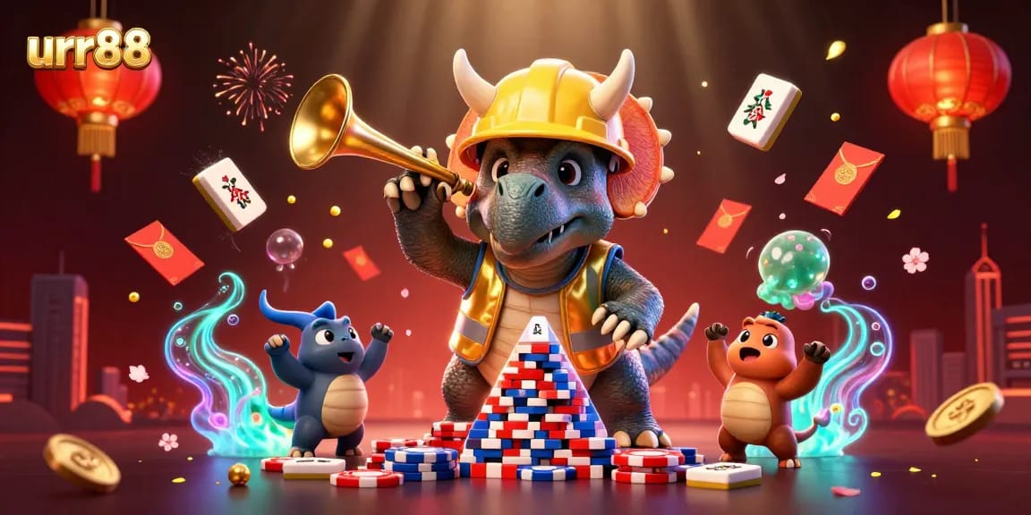 Experience the thrill at urr88 with a vibrant 3D celebration of casino gaming featuring dinosaurs building poker chip pyramids.