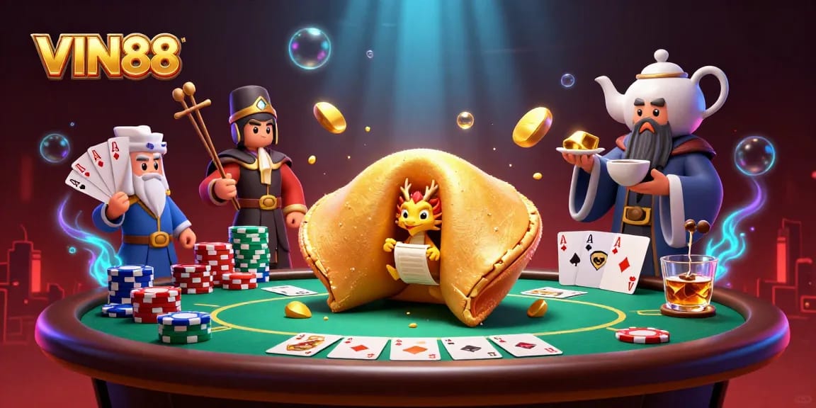 Engage in exciting moments with VIN88 at the vibrant online casino scene filled with poker action and fantasy characters.