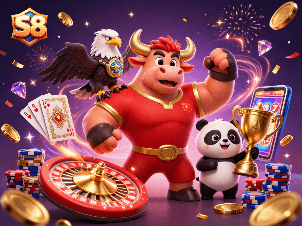 S8 brings thrilling gameplay with a dynamic scene featuring a muscular bull, eagle, and panda amidst vibrant casino elements.
