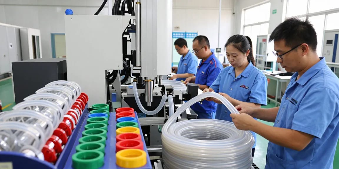 FEP slangen productieproces in een professionele fabriek met technici en hoogwaardige materialen.