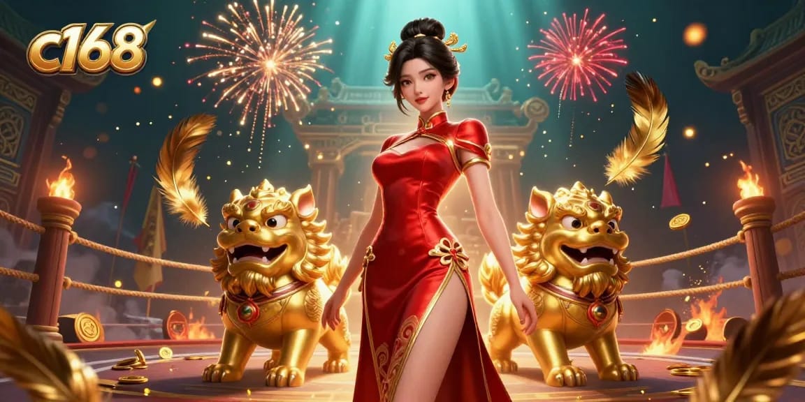 Play exciting games at c168 with a glamorous woman in a festive casino scene.
