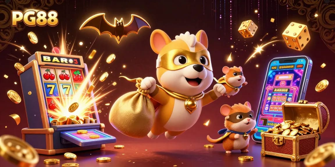 PG88 celebrates winnings with a cartoon dog and hamster amidst vibrant casino elements and treasure.