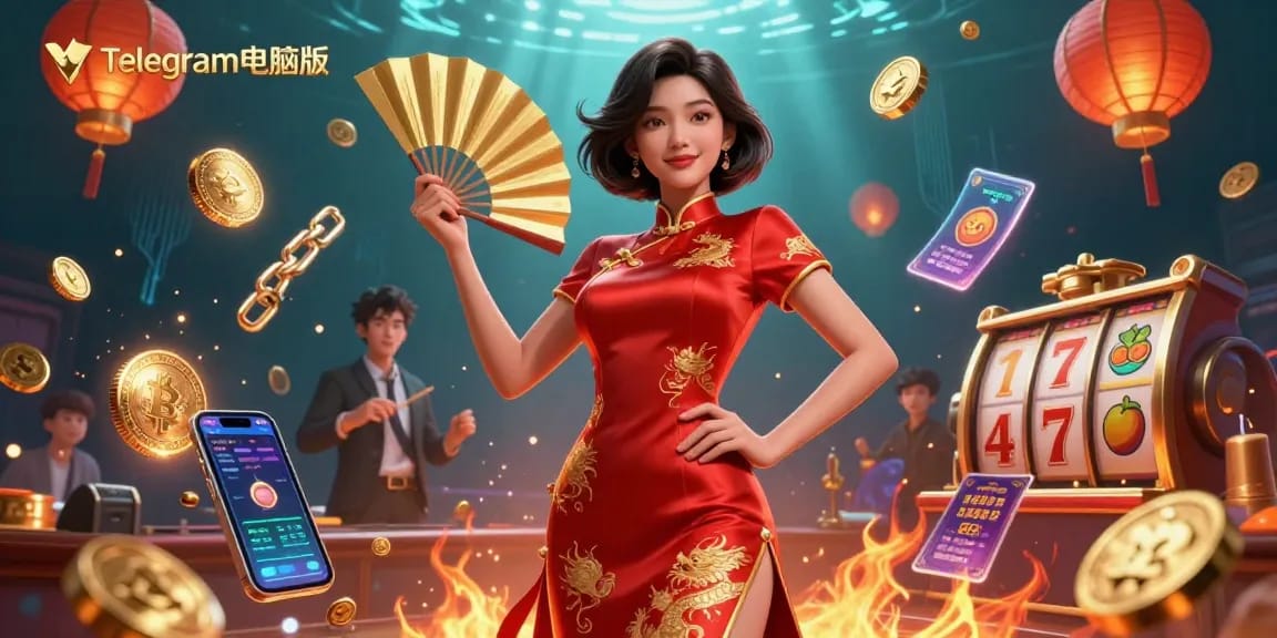 通过Telegram电脑版享受激动人心的加密赌场体验，展示动态老虎机元素和生动视觉效果。