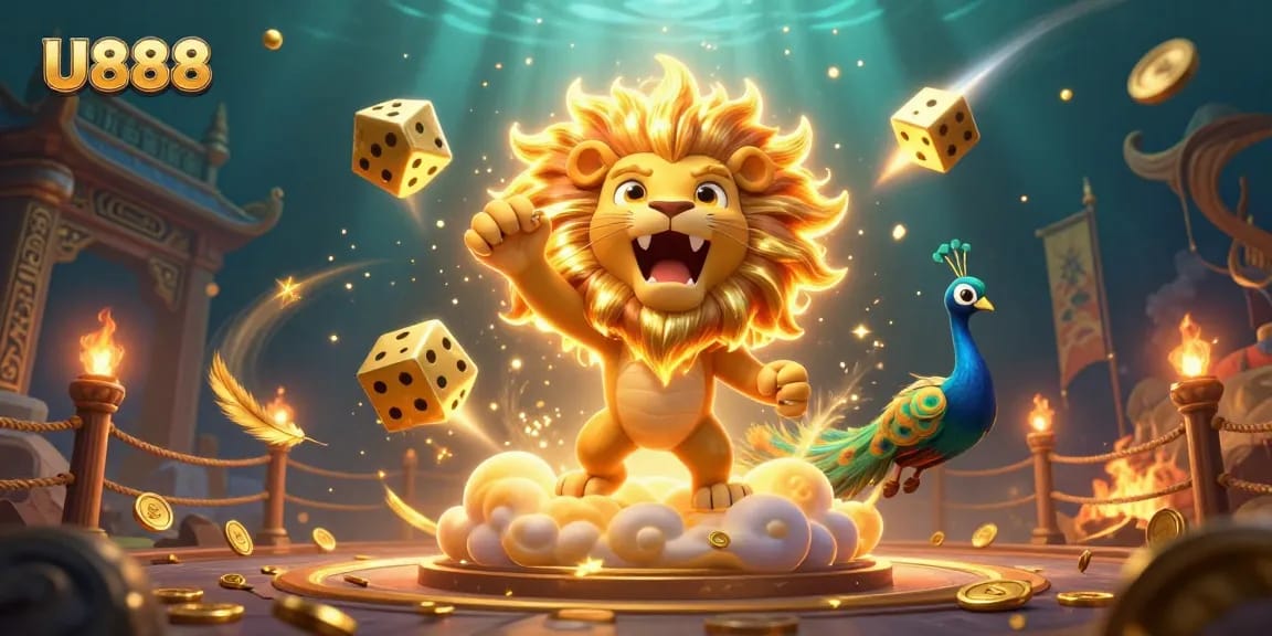 Win big at U888 with dynamic casino themes featuring golden dice and roaring lion.