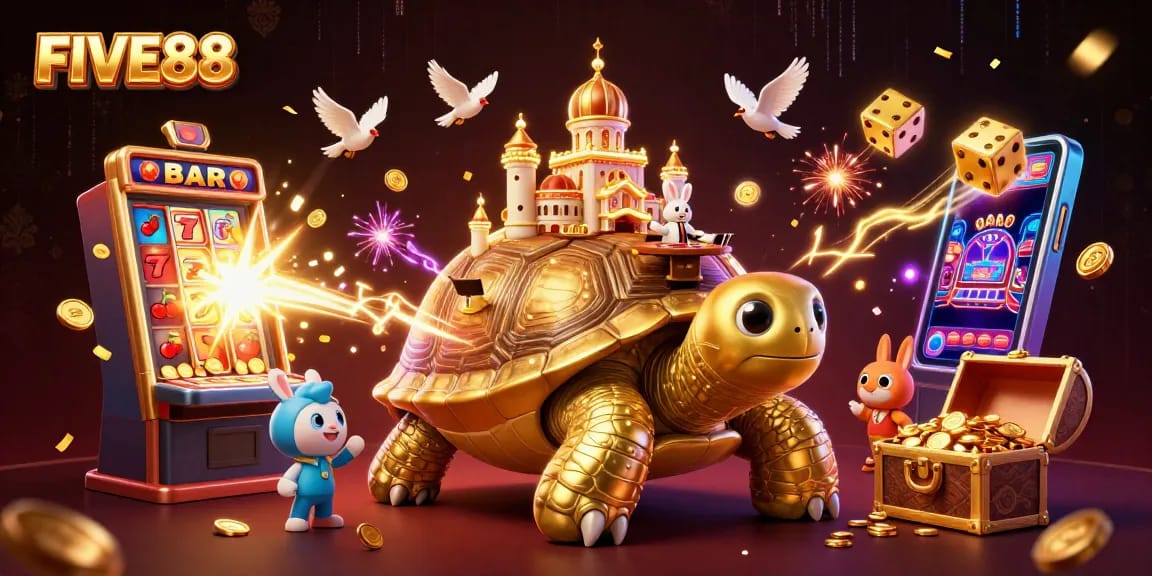 Experience the excitement at FIVE88 with stunning visuals of a golden tortoise casino and thrilling game elements.
