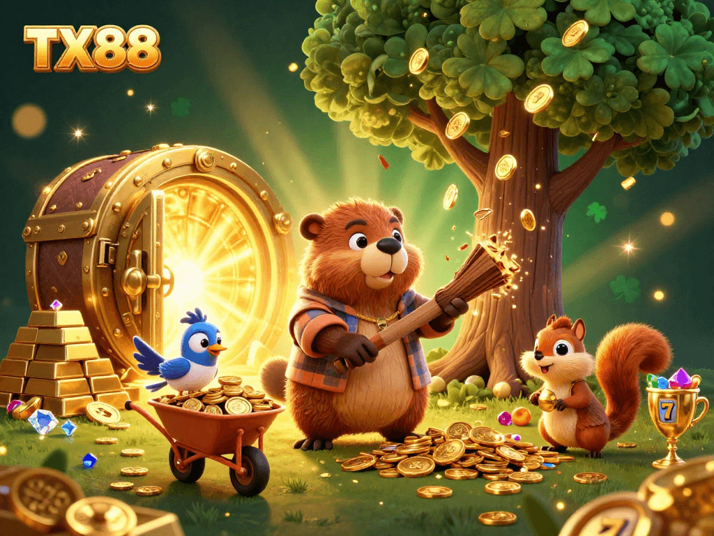 Experience the exciting world of TX88 slots with golden coins, vibrant gems, and lively characters.