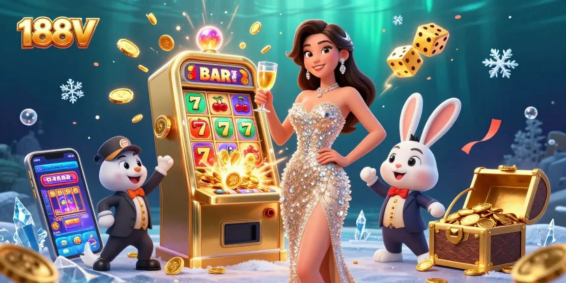 Experience the thrill of 188V as a glamorous woman toasts beside a jackpot slot machine bursting with coins.