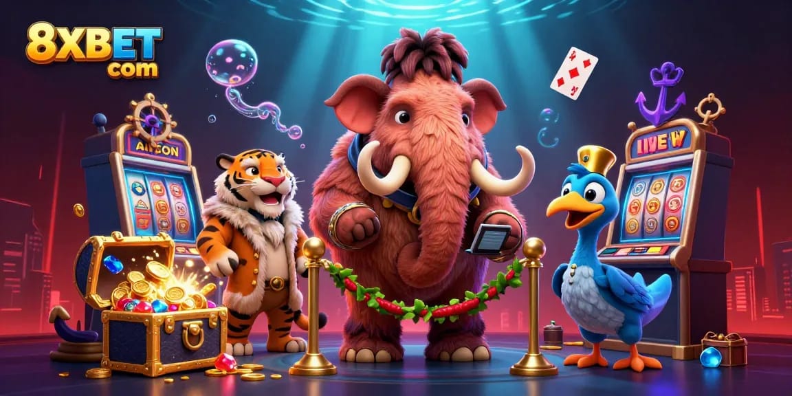 Experience thrilling gameplay at 8XBET com with a dynamic casino scene featuring vibrant characters.