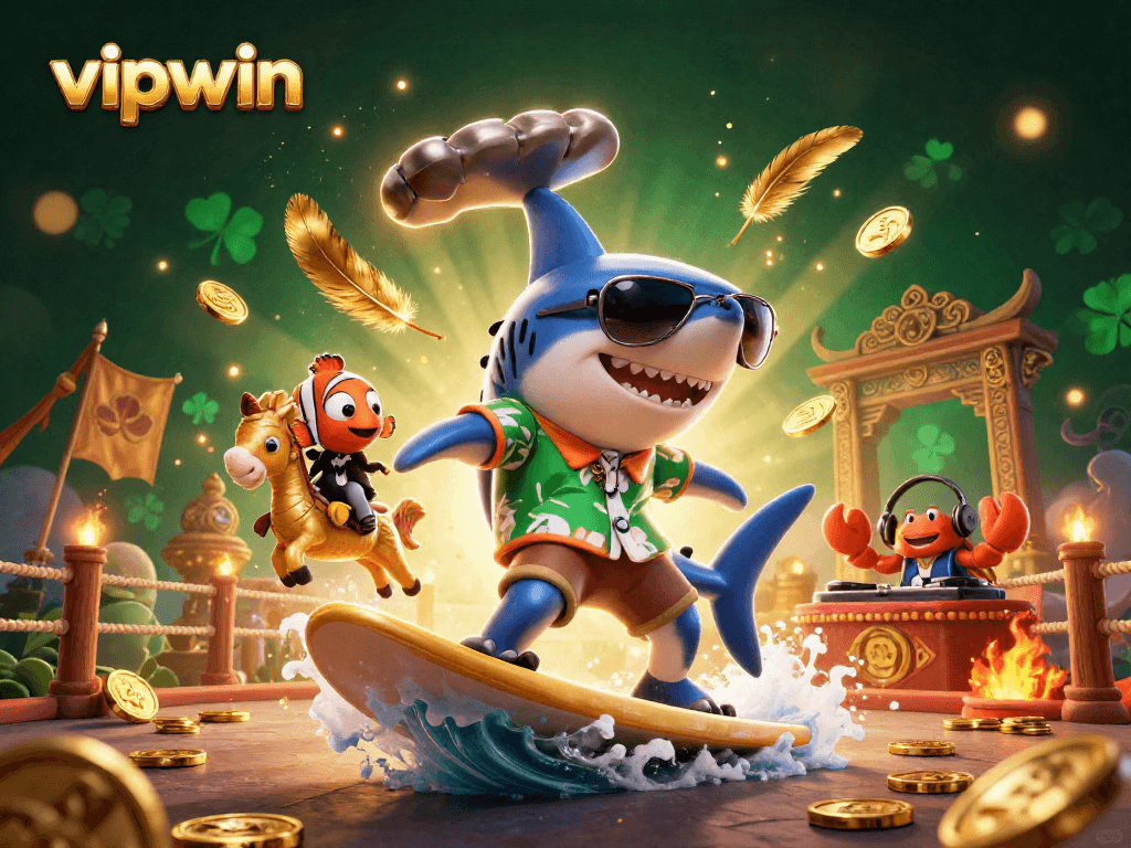 Win big at vipwin with a fun 3D illustration of a shark and friends in a vibrant, gambling-themed scene.