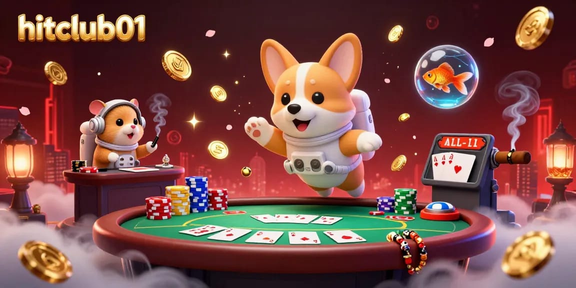 Experience excitement at hitclub01 with a vibrant casino scene featuring floating characters and colorful gaming elements.