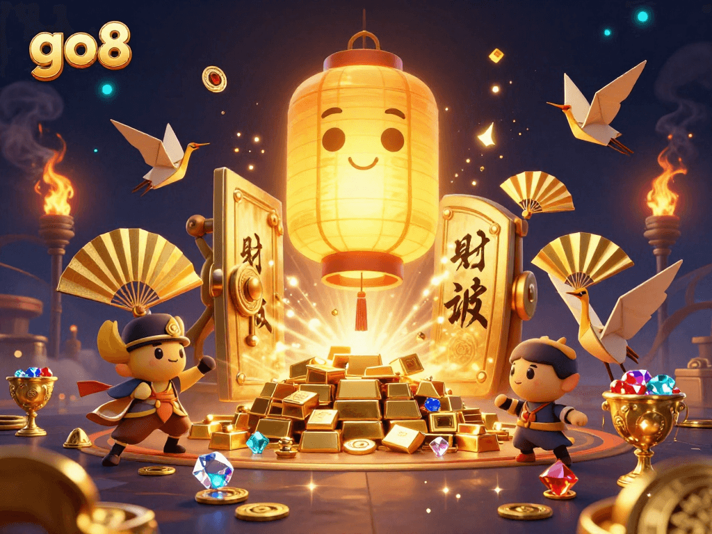 Experience go8's dazzling casino scene featuring a golden lantern spirit surrounded by treasures
