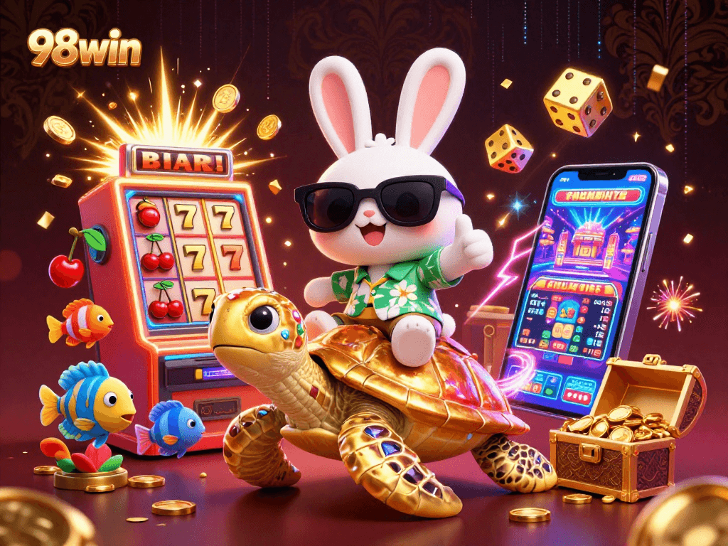 Experience the thrill of 98win with a lucky rabbit and golden sea turtle, celebrating a jackpot!