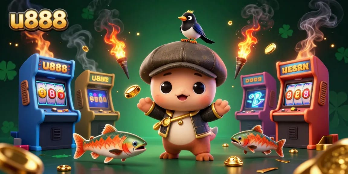 Play thrilling games at u888 with a lively scene of cartoon characters in a vibrant casino atmosphere.