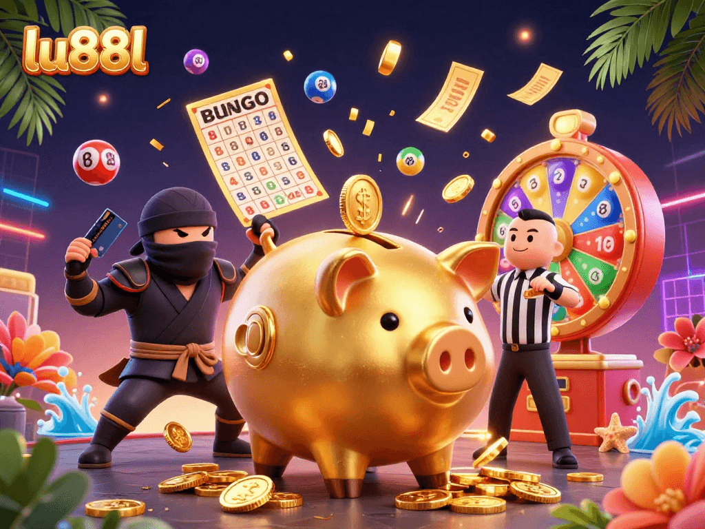 lu88l showcases a vibrant 3D casino scene with a piggy bank sumo wrestler and colorful lottery elements.