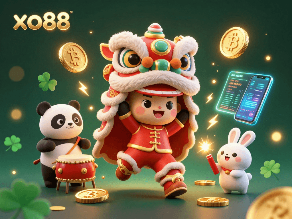 Engage in exciting gaming with xo88's festive lion dance scene amidst vibrant crypto elements and gaming excitement.