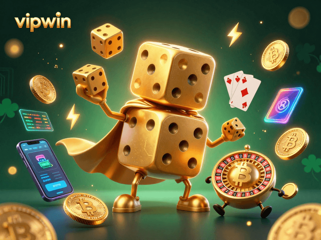 Experience thrilling gaming with vipwin's vibrant 3D illustration featuring golden dice and crypto elements.