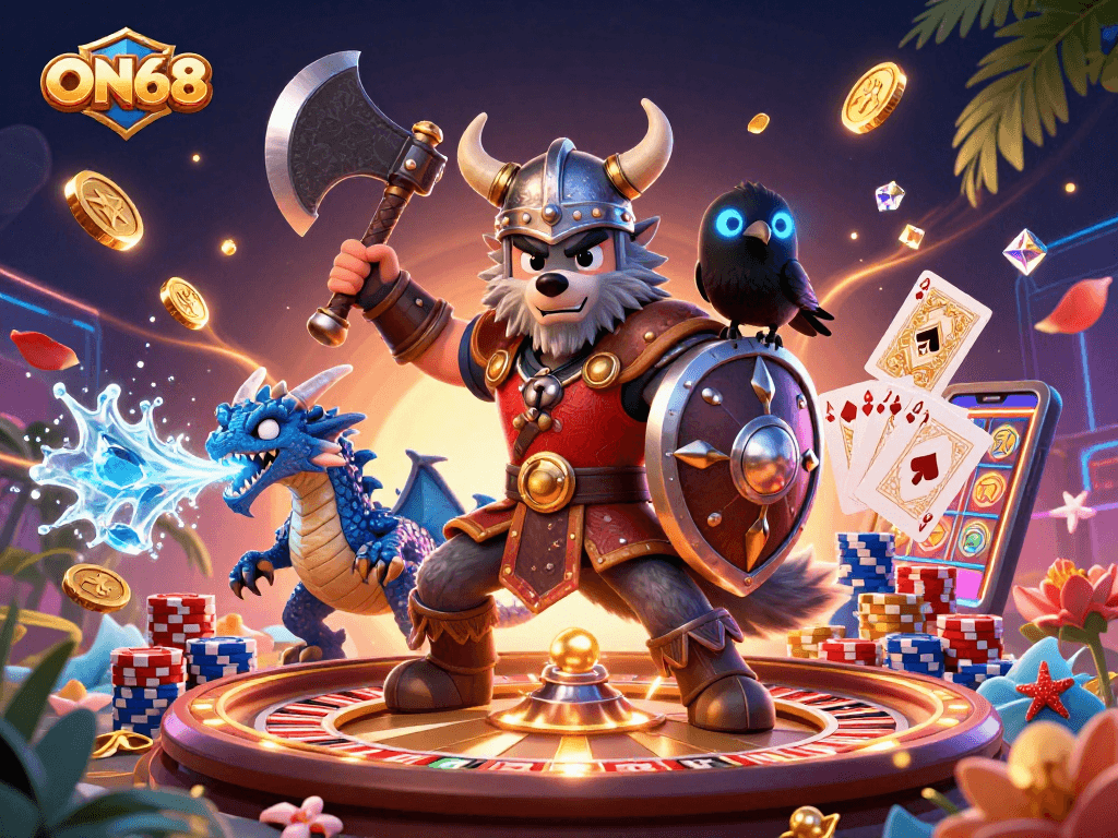 Engage with ON68's thrilling gaming experience alongside the Viking wolf warrior, fierce dragon, and animated coins.