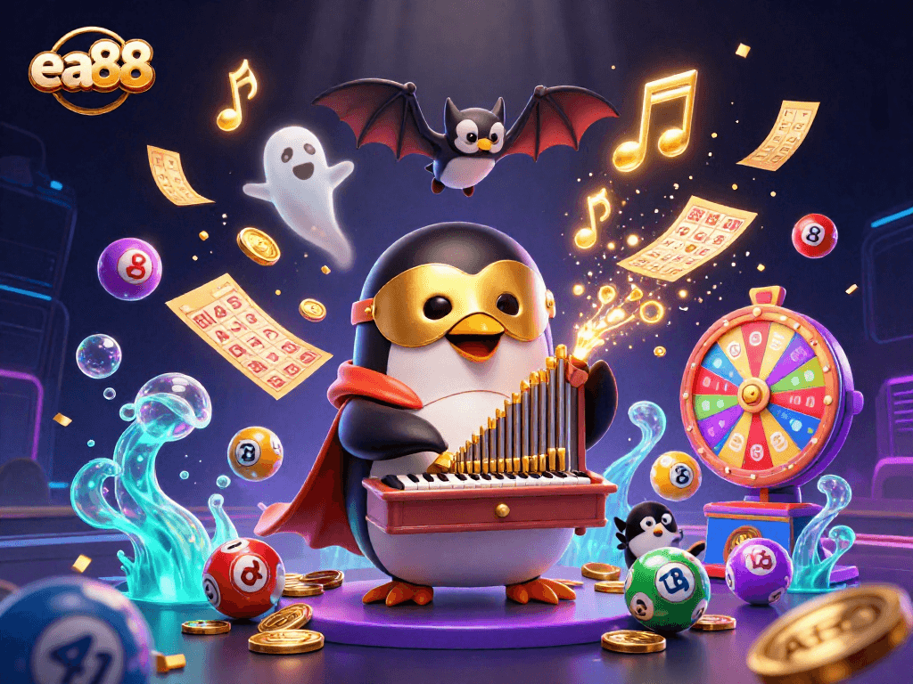 Experience thrilling wins with ea88's vibrant jackpot scene, featuring a whimsical penguin organist.