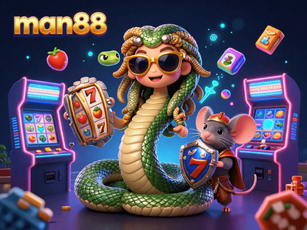 Engaging Medusa and warrior mouse at man88's vibrant casino game scene.