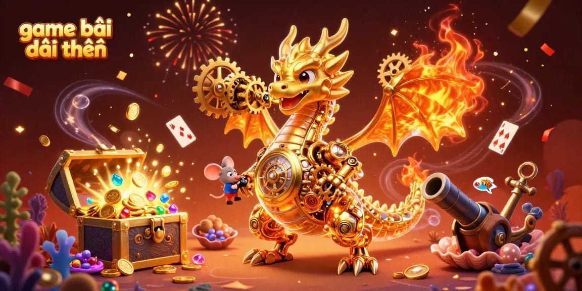 Engage in exhilarating game bài đổi thưởng with a golden dragon and vibrant casino elements.