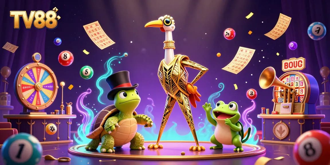 Experience thrilling gambling at TV88 with dynamic lottery balls, lively characters, and vibrant casino elements.