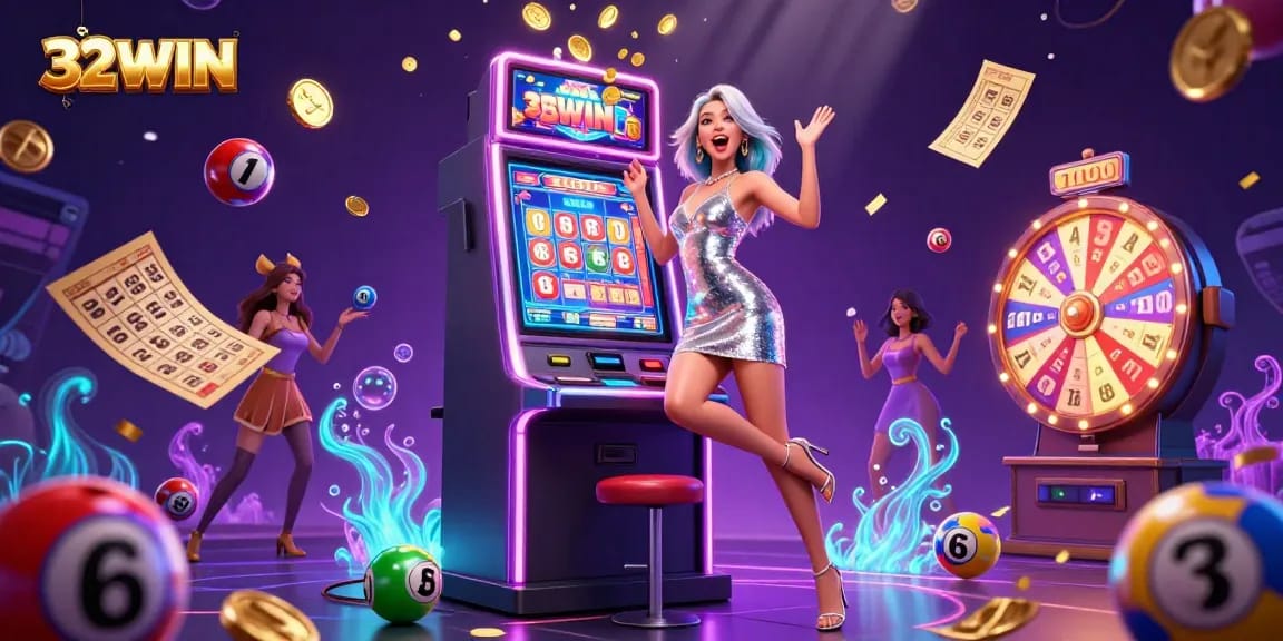Experience 32WIN's thrilling jackpot excitement with vibrant casino elements and engaging characters.