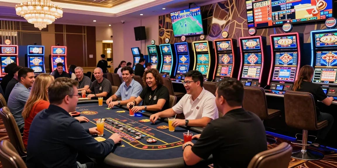 Thrilling experience at KO66 Casino with players enjoying games and cocktails in a lively atmosphere.
