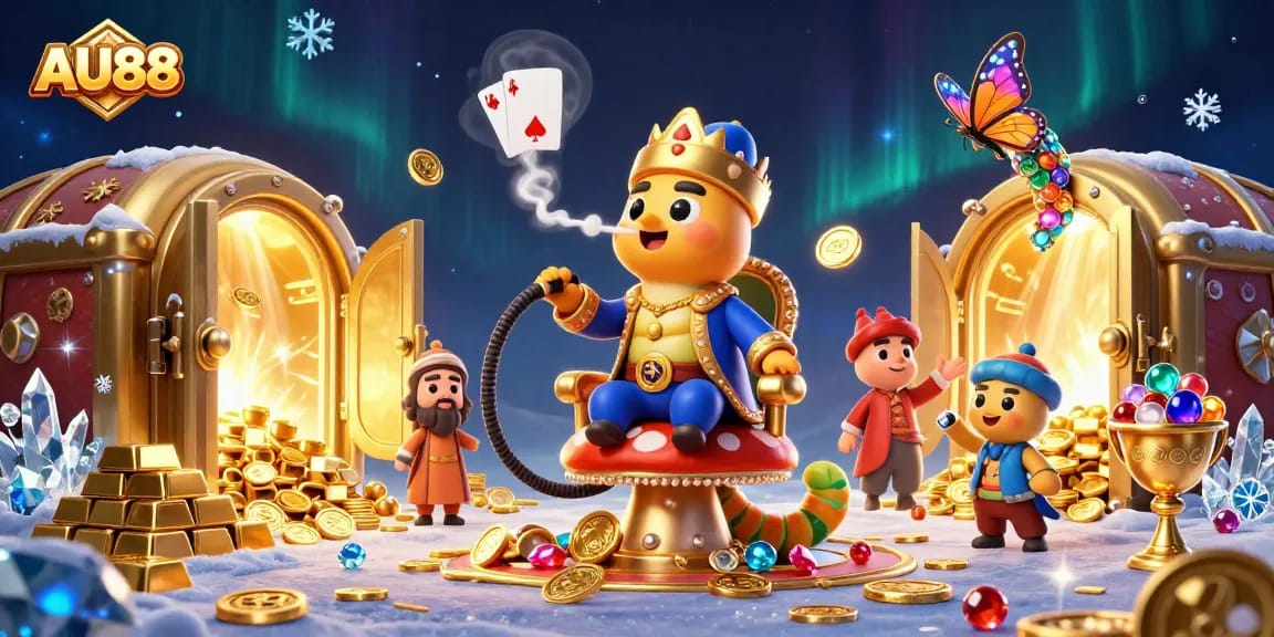 Engage with AU88's thrilling casino experience illustrated through a vibrant 3D scene filled with treasures.