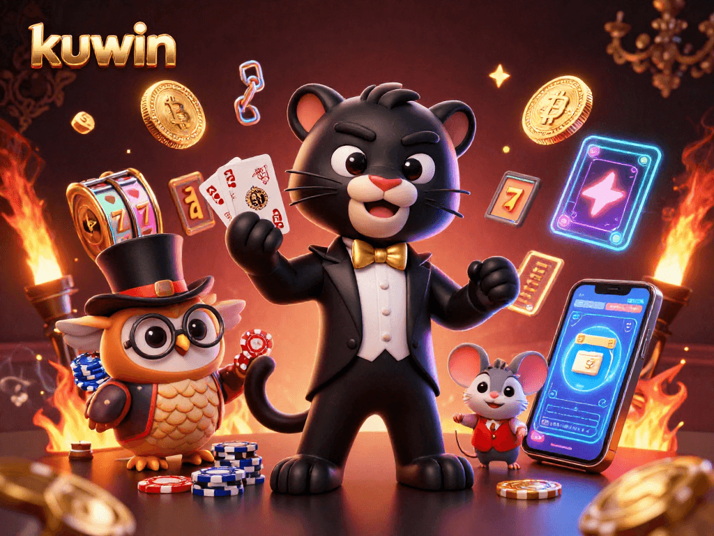 kuwin showcases a stylish panther dealing cards amidst rich casino elements and vibrant crypto symbols.