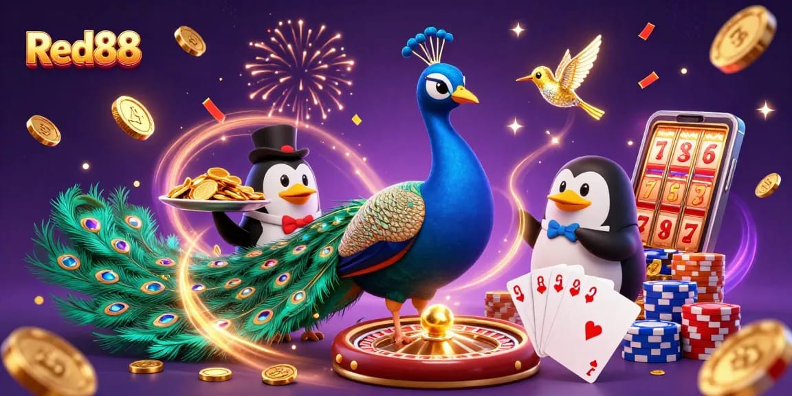 Experience the excitement of Red88 with vibrant 3D casino characters amidst cascading coins and gems.