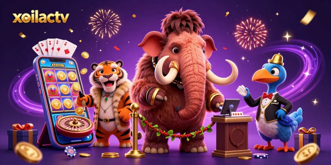 Xoilactv offers vibrant live casino interaction with characters enjoying slot games and promotions.