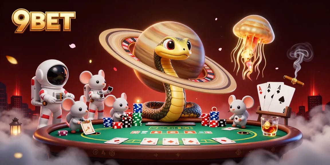 9BET players placing fun bets in an imaginative cosmic casino scene with poker elements.