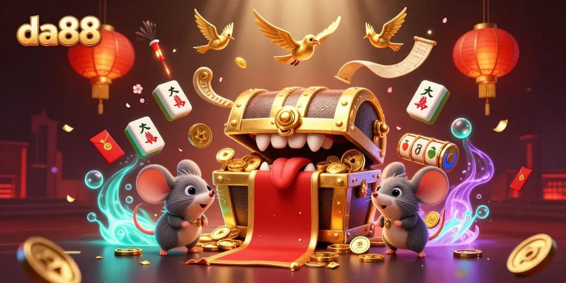 Engage with da88's vibrant 3D casino scene featuring a treasure chest, adventurous mice, and slot symbols.