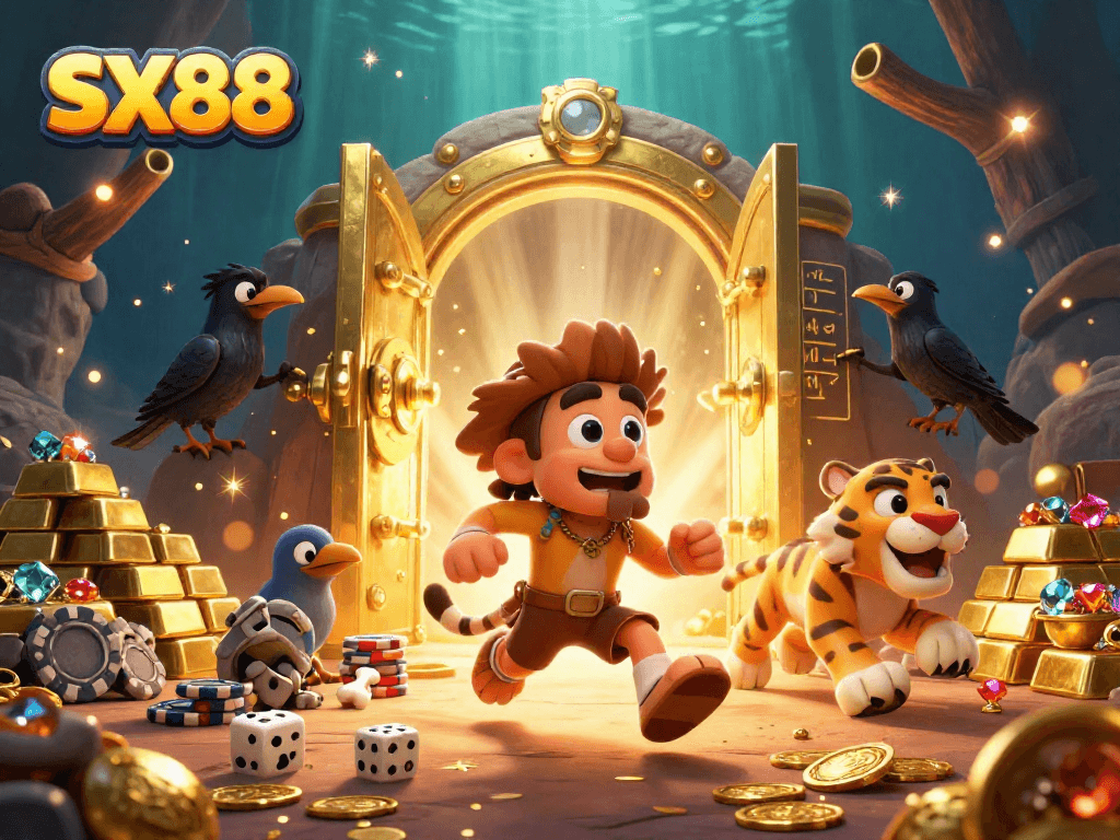 SX88 engages players in a dynamic prehistoric casino with 3D characters, treasure elements, and a vibrant atmosphere.
