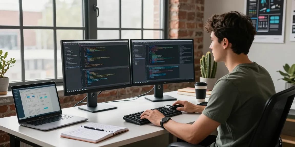 Focused programmer at a modern desk coding with sc88 software, showcasing dual monitors and creative workspace elements.