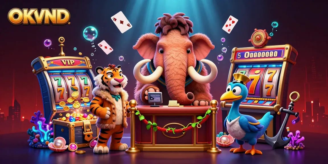 Experience thrilling gaming action with OKVND, featuring vibrant characters and casino elements in a dynamic scene.