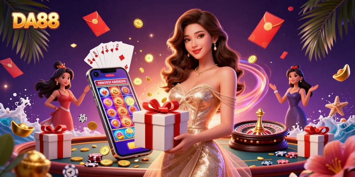 Engage with DA88 through winning strategies in a vibrant casino scene with festive elements.