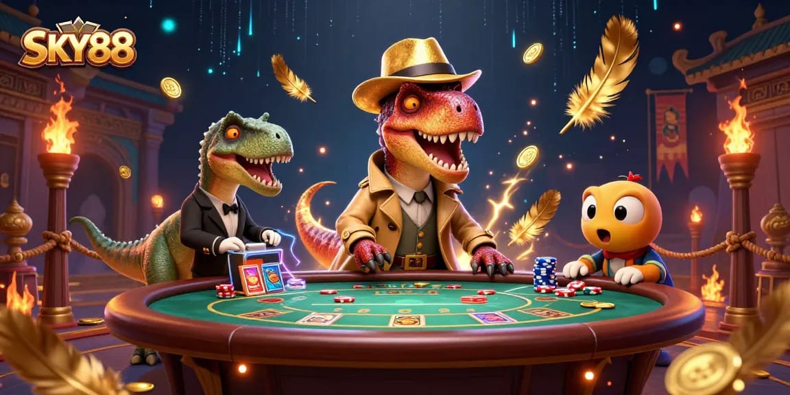 Engage with thrilling gaming at SKY88 featuring a cartoon velociraptor card counter in action.