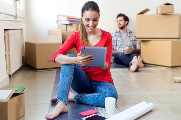 young couple with digital tablet resting in their new home