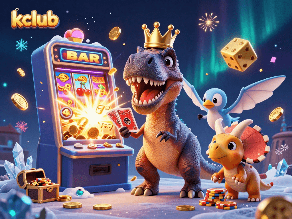 Kclub casino scene featuring a friendly T-Rex shuffling cards and friends stacking chips, surrounded by slot machine action.