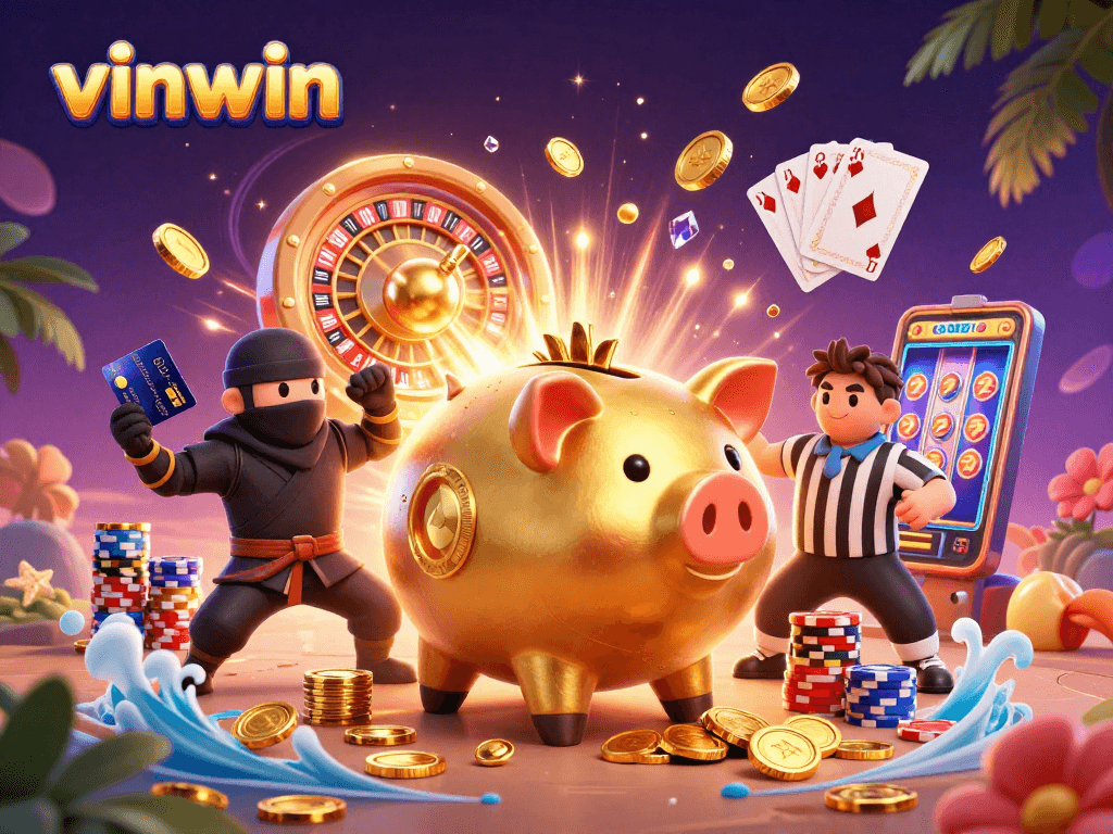 Spinning the jackpot with vinwin: Piggy bank sumo wrestler and ninja action in a vibrant casino scene.