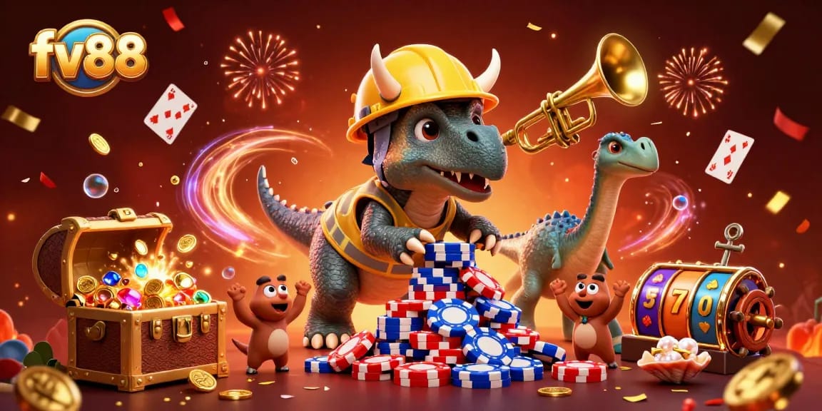 fv88 celebrates with a dynamic scene of a triceratops stacking poker chips amidst vibrant casino elements.