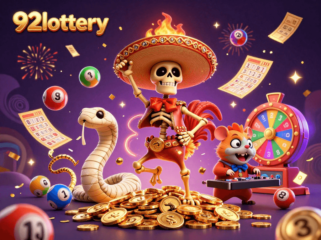 Experience the excitement of 92lottery with a vibrant illustration of cartoon characters celebrating prizes.