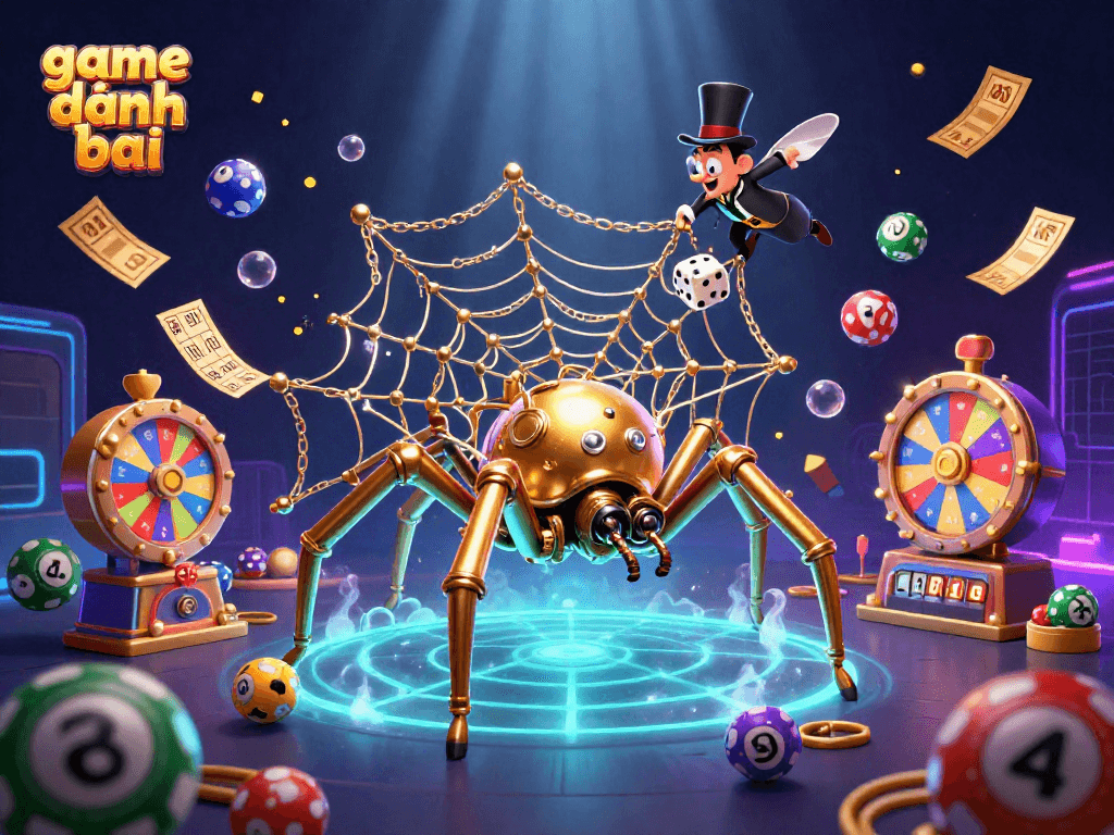 Engage in dynamic game danh bai with a visual feast of colorful elements and a steampunk spider theme.