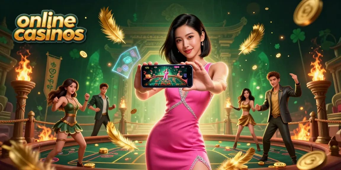 Engaging online casinos scene with a confident woman showcasing live dealer games on her smartphone amidst vibrant casino elements.