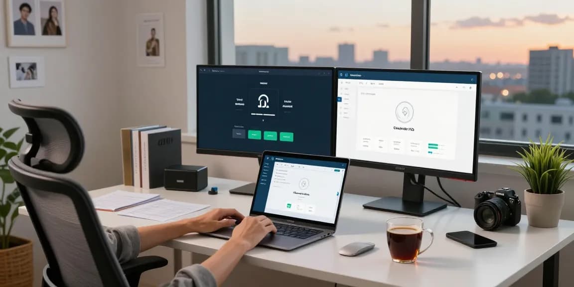 使用quickq电脑版 VPN应用的现代家办公场景,展示舒适与高效结合。