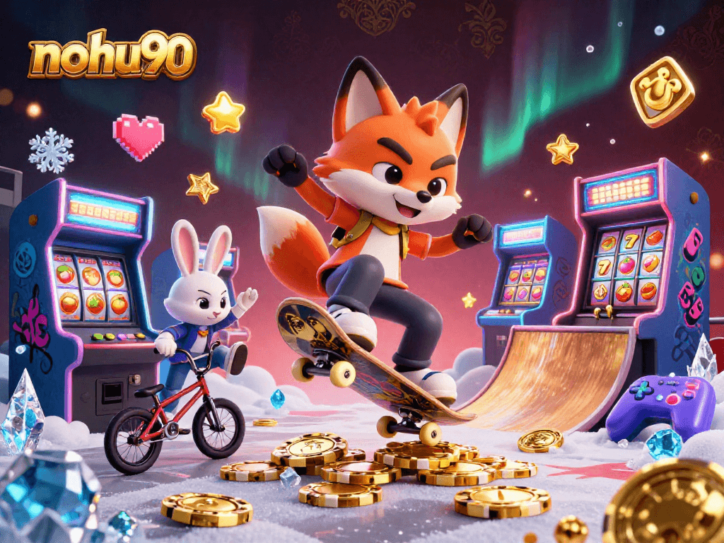 Nohu90 showcases a vibrant 3D scene featuring a kickflipping fox and BMX rabbit amidst dazzling casino elements.