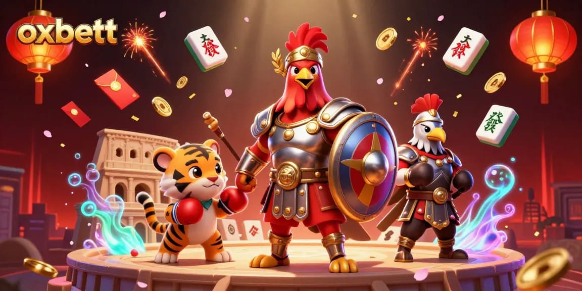 Experience thrilling gameplay with oxbett's dynamic casino scene featuring an armored rooster and a tiger cub.
