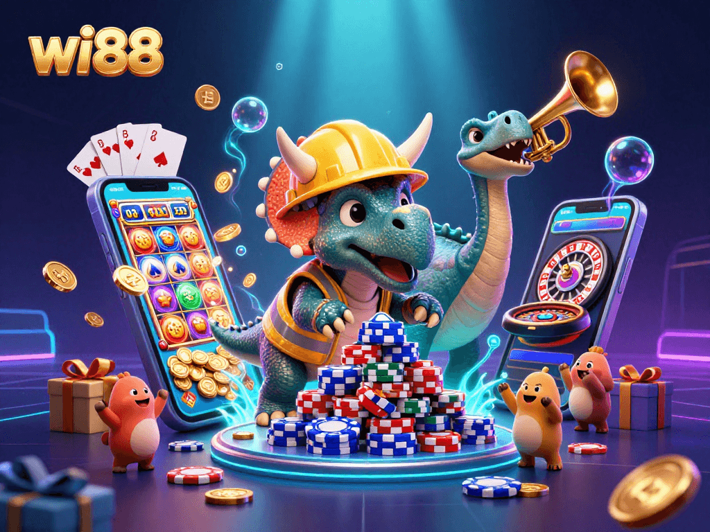 Celebrate big wins at wi88 with a vibrant illustration of a triceratops building a poker chip pyramid.